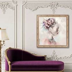 «Портрет женщины с лилиями в волосах» в интерьере в классическом стиле над банкеткой
