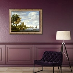 «River Estuary with a castle» в интерьере в классическом стиле в фиолетовых тонах