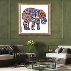 «Слон с орнаментом в индийском стиле» в интерьере гостиной в оливковых тонах