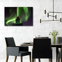 «Исландия, северное сияние над маяком» в интерьере современной столовой с черными креслами