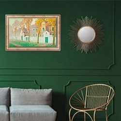 «Le Béguinage À Bruges» в интерьере классической гостиной с зеленой стеной над диваном
