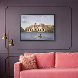 «Harvard Boathouse - Fall» в интерьере гостиной с розовым диваном