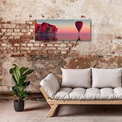 «Осенний пейзаж с озером и воздушным шаром» в интерьере современной гостиной в стиле лофт