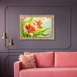 «Винтажные красные тюльпаны, деталь 1» в интерьере гостиной с розовым диваном
