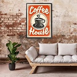 «Кофейня, ретро вывеска с чашкой кофе на красном фоне» в интерьере гостиной в стиле лофт над диваном