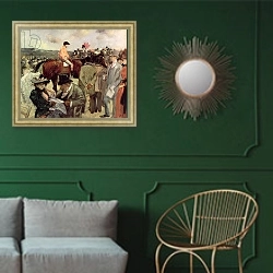 «The Horse-Race, c.1890» в интерьере классической гостиной с зеленой стеной над диваном