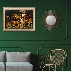 «Daniel and the Lions Den, c.1615» в интерьере классической гостиной с зеленой стеной над диваном