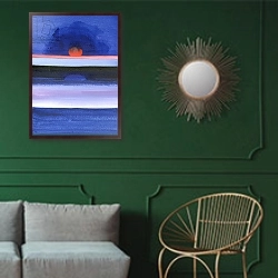 «Seascape, Sunset, Helsinki, 1991» в интерьере классической гостиной с зеленой стеной над диваном