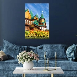 «Русский особняк» в интерьере современной гостиной в синем цвете