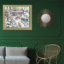 «Effet de Neige a Montfoucault, 1882» в интерьере классической гостиной с зеленой стеной над диваном