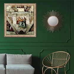 «Sistine Chapel Ceiling, 1508-12» в интерьере классической гостиной с зеленой стеной над диваном