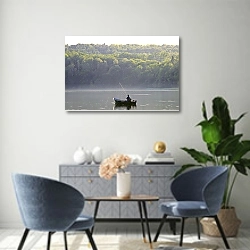 «Рыбак на озере» в интерьере современной гостиной над комодом