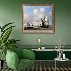 «Малые голландские лодки на низкой воде в штиль» в интерьере гостиной в зеленых тонах