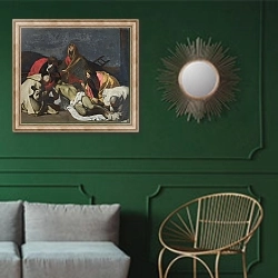 «Монахи и женщины молятся над мертвым Христом» в интерьере классической гостиной с зеленой стеной над диваном