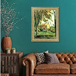 «Пруд в Жа де Буффан зимой» в интерьере гостиной с зеленой стеной над диваном