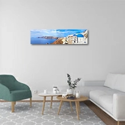 «Греция. Санторини. Город Ия. Панорама» в интерьере современной гостиной в светлых тонах