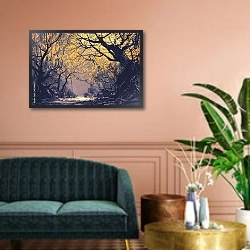 «Ночной осенний лес» в интерьере классической гостиной над диваном