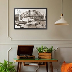 «Sydney Harbour Bridge, Sydney, Australia 1937» в интерьере комнаты в стиле ретро с проигрывателем виниловых пластинок