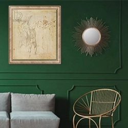 «Male group and seated figure with child» в интерьере классической гостиной с зеленой стеной над диваном