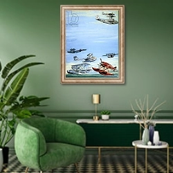 «Seaplane montage» в интерьере гостиной в зеленых тонах