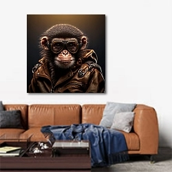 «Обезьяна в кожаной куртке» в интерьере современной гостиной над диваном