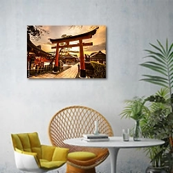 «Японская национальная арка в Киото, Япония» в интерьере современной гостиной с желтым креслом