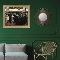 «Masked Ball at the Opera, 1873» в интерьере классической гостиной с зеленой стеной над диваном