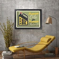 «Моторное масло, ретро-плакат для автосервиса» в интерьере в стиле лофт с желтым креслом