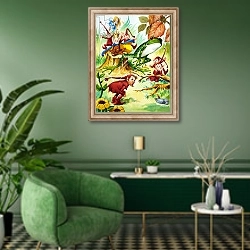 «Frog with elves» в интерьере гостиной в зеленых тонах
