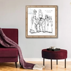 «The arrival of the Gardiners, illustration from 'Pride & Prejudice' by Jane Austen» в интерьере гостиной в бордовых тонах