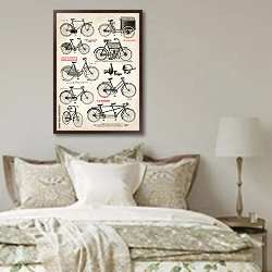 «Коллекция старинных велосипедов» в интерьере спальни в стиле прованс над кроватью
