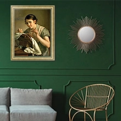 «The Lacemaker, 1823» в интерьере классической гостиной с зеленой стеной над диваном