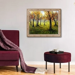 «Осенний лес 9» в интерьере гостиной в бордовых тонах