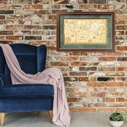 «Винтажная карта мира с холмами» в интерьере в стиле лофт с кирпичной стеной и синим креслом