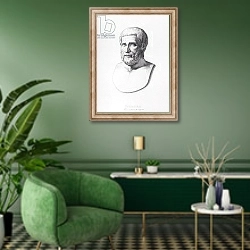 «Portrait of Pythagoras engraved by B.Barloccini, 1849» в интерьере гостиной в зеленых тонах
