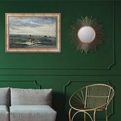 «Коровы у пруда» в интерьере классической гостиной с зеленой стеной над диваном