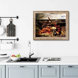 «Натюрморт с омаром, охотничьими трофеями и уловом» в интерьере кухни над мойкой