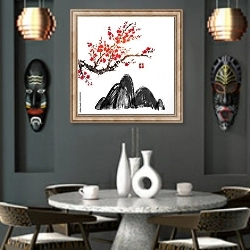 «Вишневое дерево в цвету и черные холмы» в интерьере в этническом стиле над столом