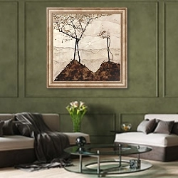 «Осеннее солнце и деревья» в интерьере гостиной в оливковых тонах