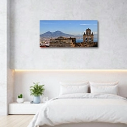 «Италия, Неаполь. Вид на Везувий от колокольни» в интерьере современной минималистичной спальни