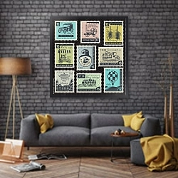 «Набор марок на тему ретро-механики» в интерьере в стиле лофт над диваном