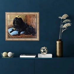 «A Black Standard Poodle on a blue cushion, 1895» в интерьере в классическом стиле в синих тонах