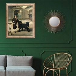 «Coachman with Newfoundland dog» в интерьере классической гостиной с зеленой стеной над диваном