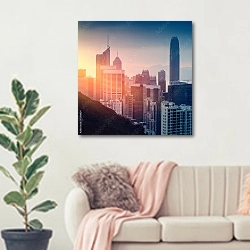 «Китай, Гонконг. Город на закате» в интерьере современной светлой гостиной над диваном