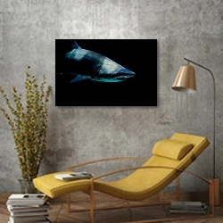 «Синяя акула в темноте» в интерьере в стиле лофт с желтым креслом