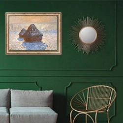 «стог сена, покрытый снегом» в интерьере классической гостиной с зеленой стеной над диваном