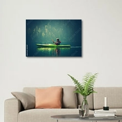 «Байдарка на озере» в интерьере современной светлой гостиной над диваном