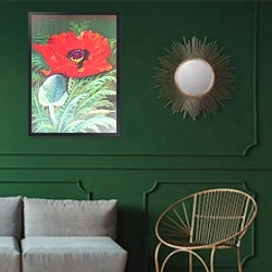 «Poppies 3» в интерьере классической гостиной с зеленой стеной над диваном
