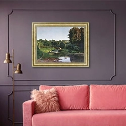 «Деревня на берегу речки» в интерьере гостиной с розовым диваном