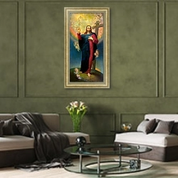 «Спаситель» в интерьере гостиной в оливковых тонах